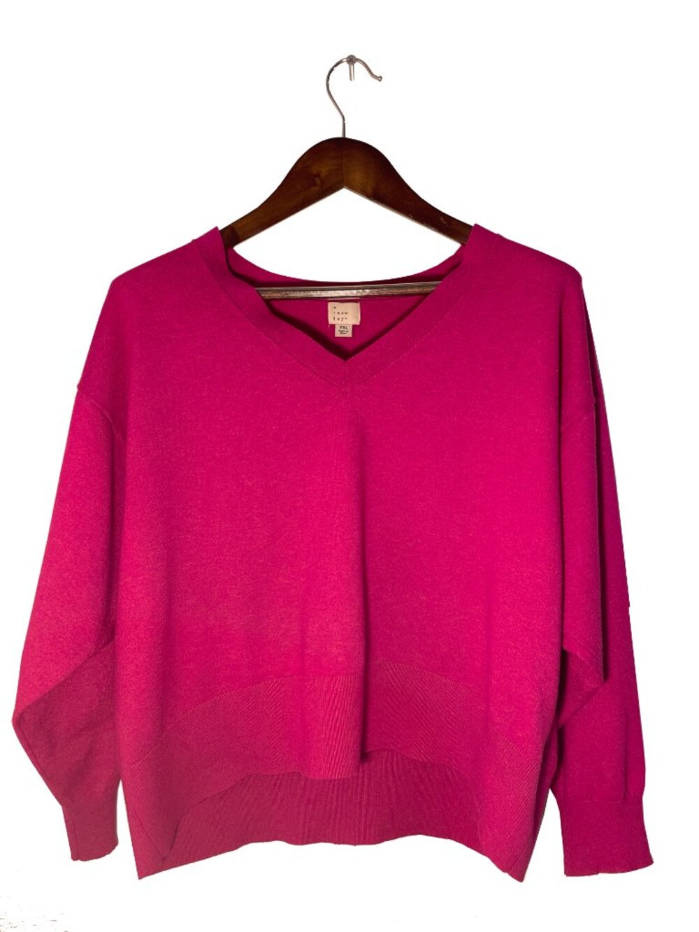 A New Day - Womens V-neck Long-sleeve Sweater, Margenta Pink - XXL